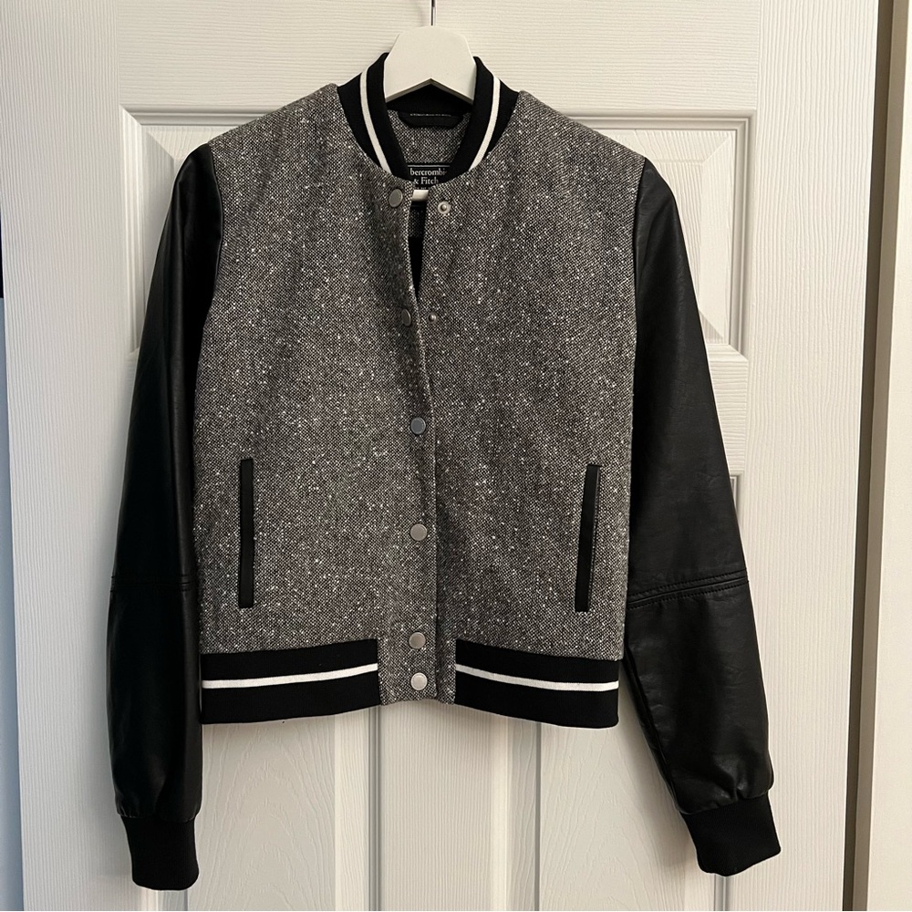 Abercrombie & Fitch grey and black varsity bomber button up jacket - Picture 3 of 4